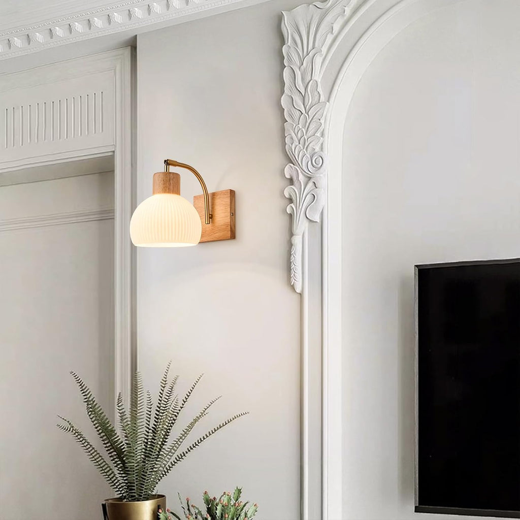 Globe Milk White Glass Wall Lamp Nordic Solid Wood Wall Sconce Adjustable Bedroom Bedside Reading Lighting, Modern Retro Half Globe Wooden Home Decor Lighting Fixture for Loft Living Room