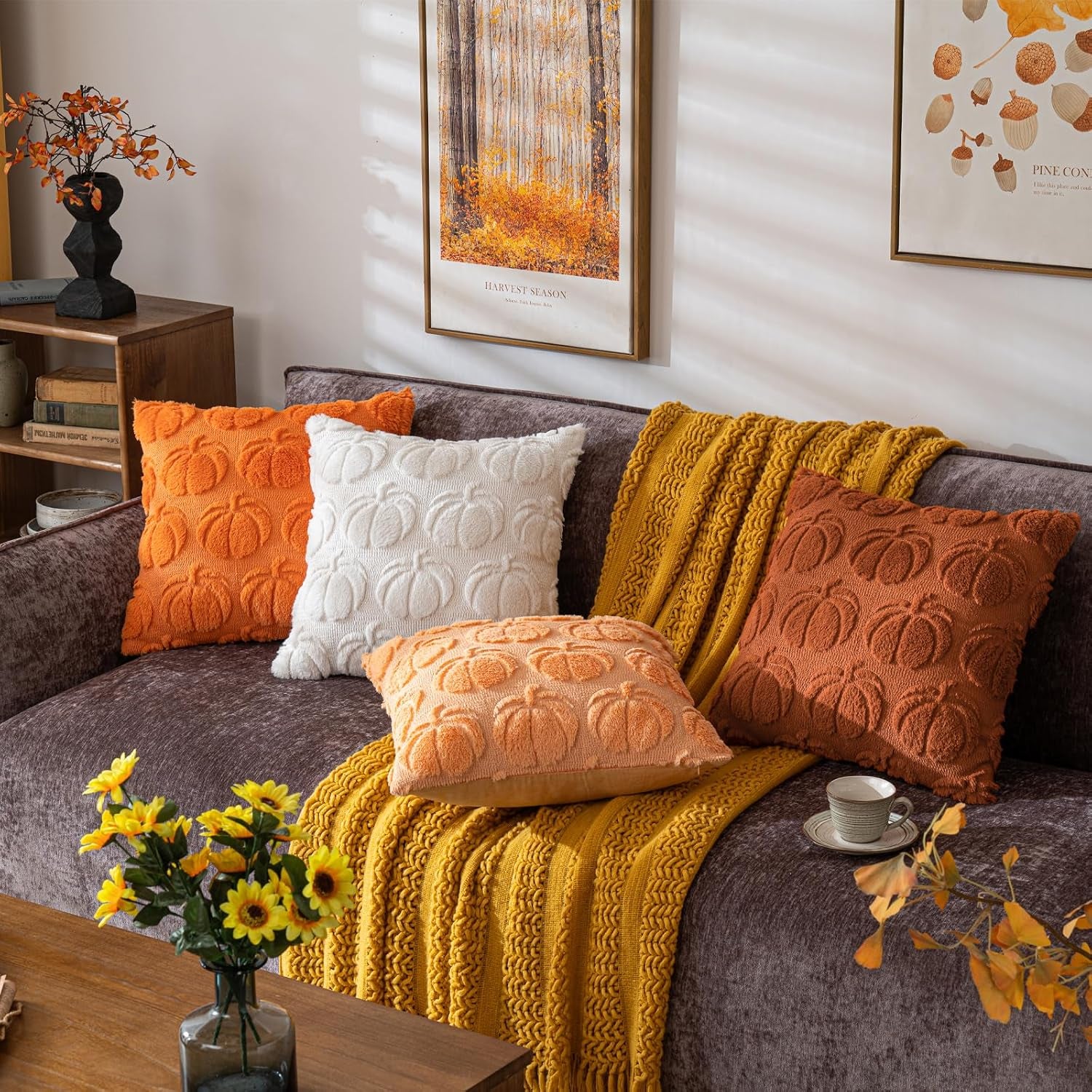 Pumpkin Fall Decorative Throw Pillow Covers 18"X18", Set of 2 Cream White Soft Faux Fur Pillow Covers for Autumn Harvest, Fluffy Plush Accent Pillow Cases for Farmhouse Couch Cushion Covers