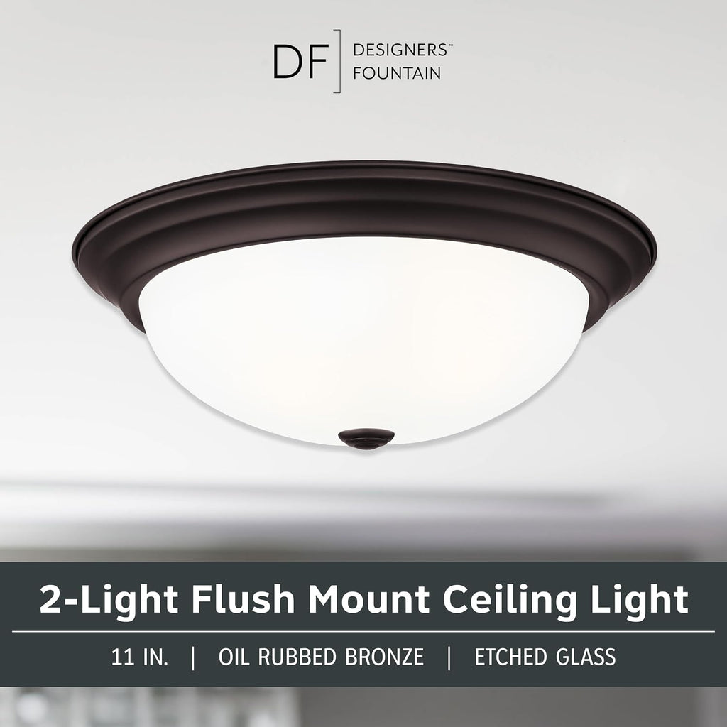 Reedley 2-Lights Flush Mount Ceiling Light, 11 Inch Lighting Fixture for Kitchen, Bedroom, Bathroom, and Hallway, Oil Rubbed Bronze with Etched Glass, 1257S-ORB-W