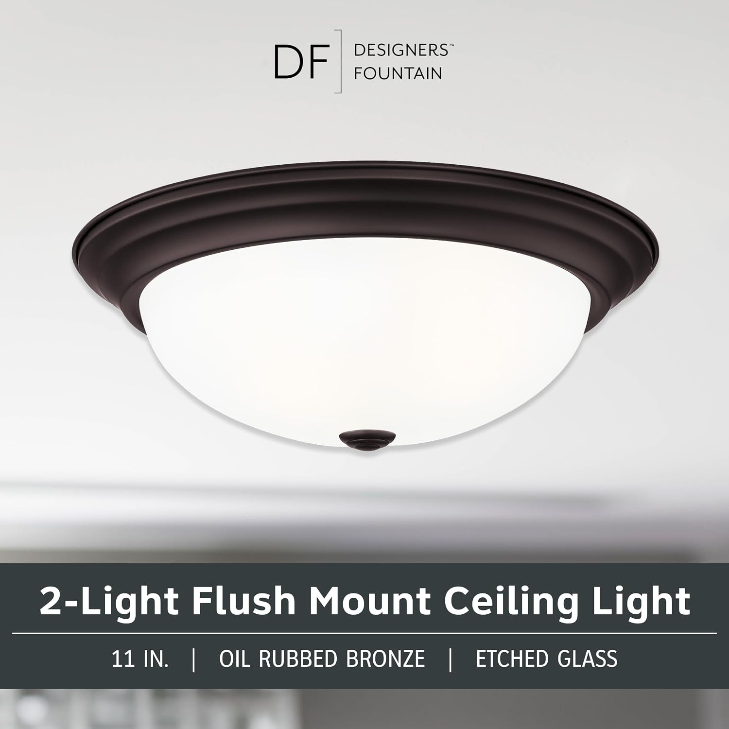 Reedley 2-Lights Flush Mount Ceiling Light, 11 Inch Lighting Fixture for Kitchen, Bedroom, Bathroom, and Hallway, Oil Rubbed Bronze with Etched Glass, 1257S-ORB-W
