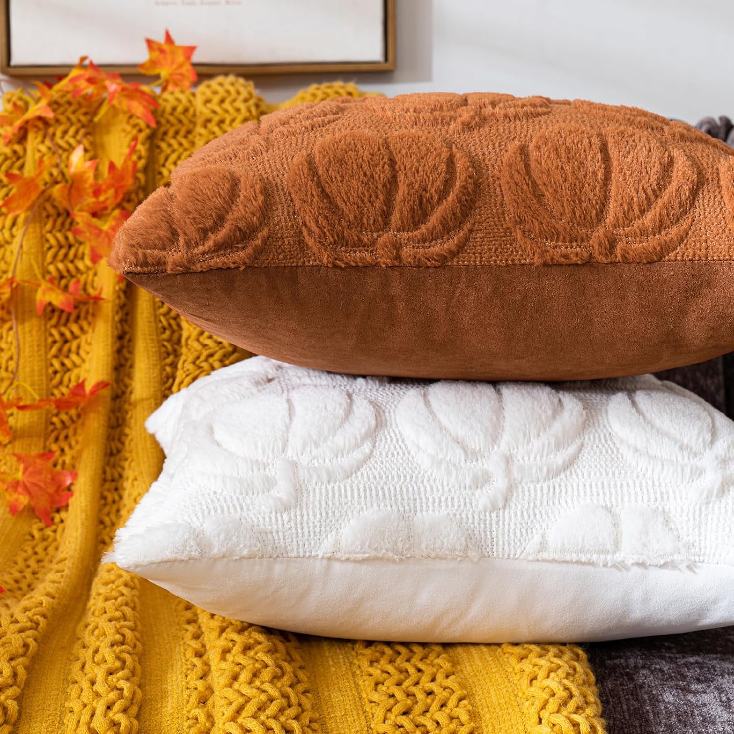 Pumpkin Fall Decorative Throw Pillow Covers 18"X18", Set of 2 Cream White Soft Faux Fur Pillow Covers for Autumn Harvest, Fluffy Plush Accent Pillow Cases for Farmhouse Couch Cushion Covers