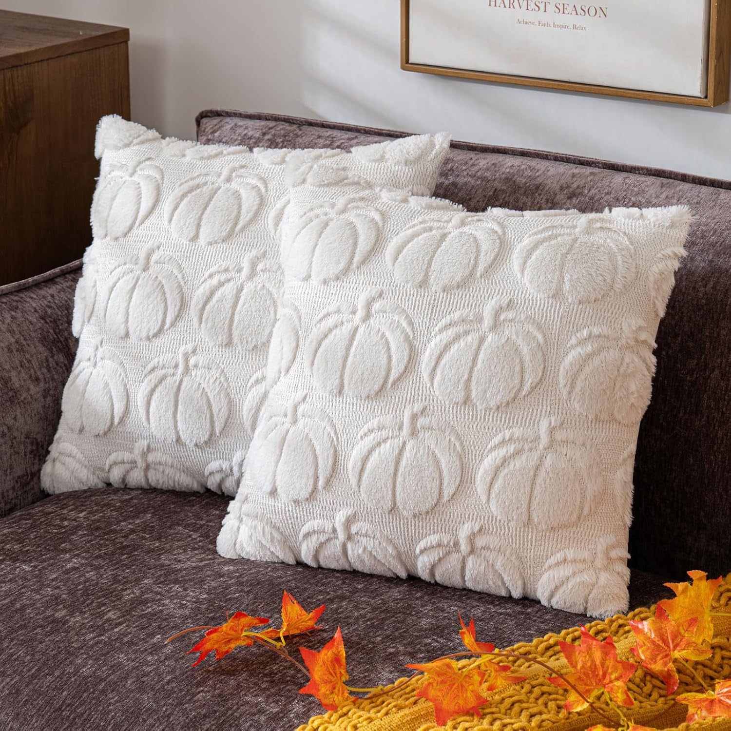 Pumpkin Fall Decorative Throw Pillow Covers 18"X18", Set of 2 Cream White Soft Faux Fur Pillow Covers for Autumn Harvest, Fluffy Plush Accent Pillow Cases for Farmhouse Couch Cushion Covers