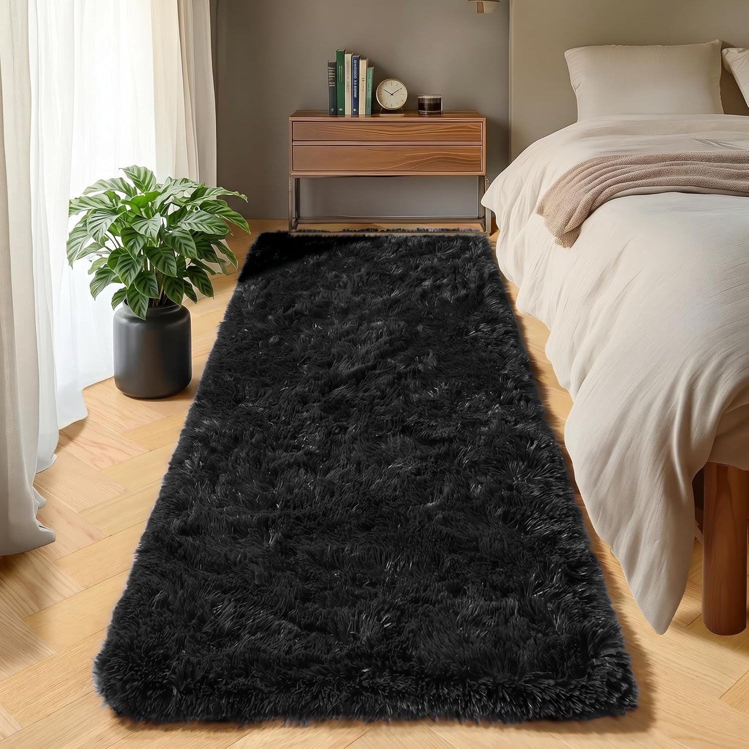 Black Runner Rugs for Bedroom Hallway, Fluffy 2X6 Bedside Soft Area Rug