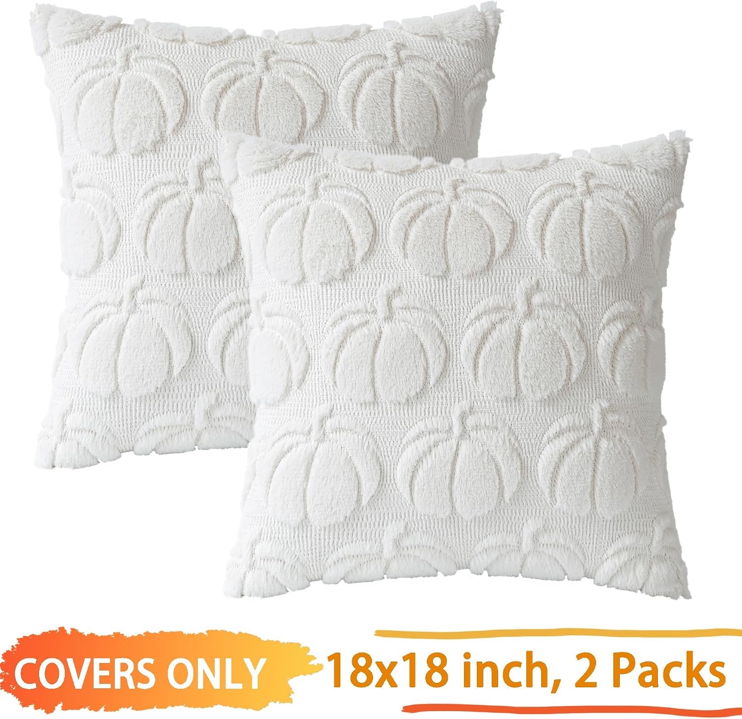 Pumpkin Fall Decorative Throw Pillow Covers 18"X18", Set of 2 Cream White Soft Faux Fur Pillow Covers for Autumn Harvest, Fluffy Plush Accent Pillow Cases for Farmhouse Couch Cushion Covers