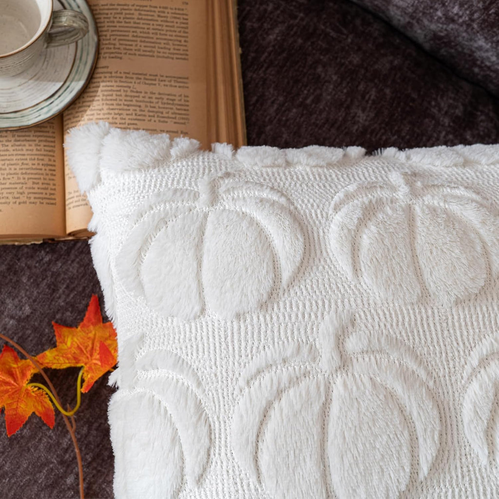Pumpkin Fall Decorative Throw Pillow Covers 18"X18", Set of 2 Cream White Soft Faux Fur Pillow Covers for Autumn Harvest, Fluffy Plush Accent Pillow Cases for Farmhouse Couch Cushion Covers