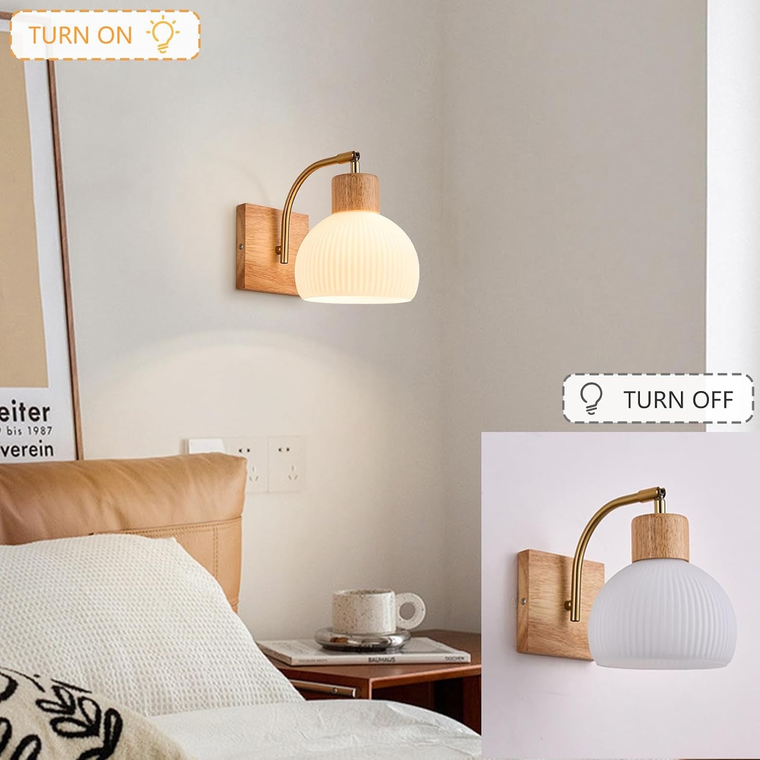 Globe Milk White Glass Wall Lamp Nordic Solid Wood Wall Sconce Adjustable Bedroom Bedside Reading Lighting, Modern Retro Half Globe Wooden Home Decor Lighting Fixture for Loft Living Room