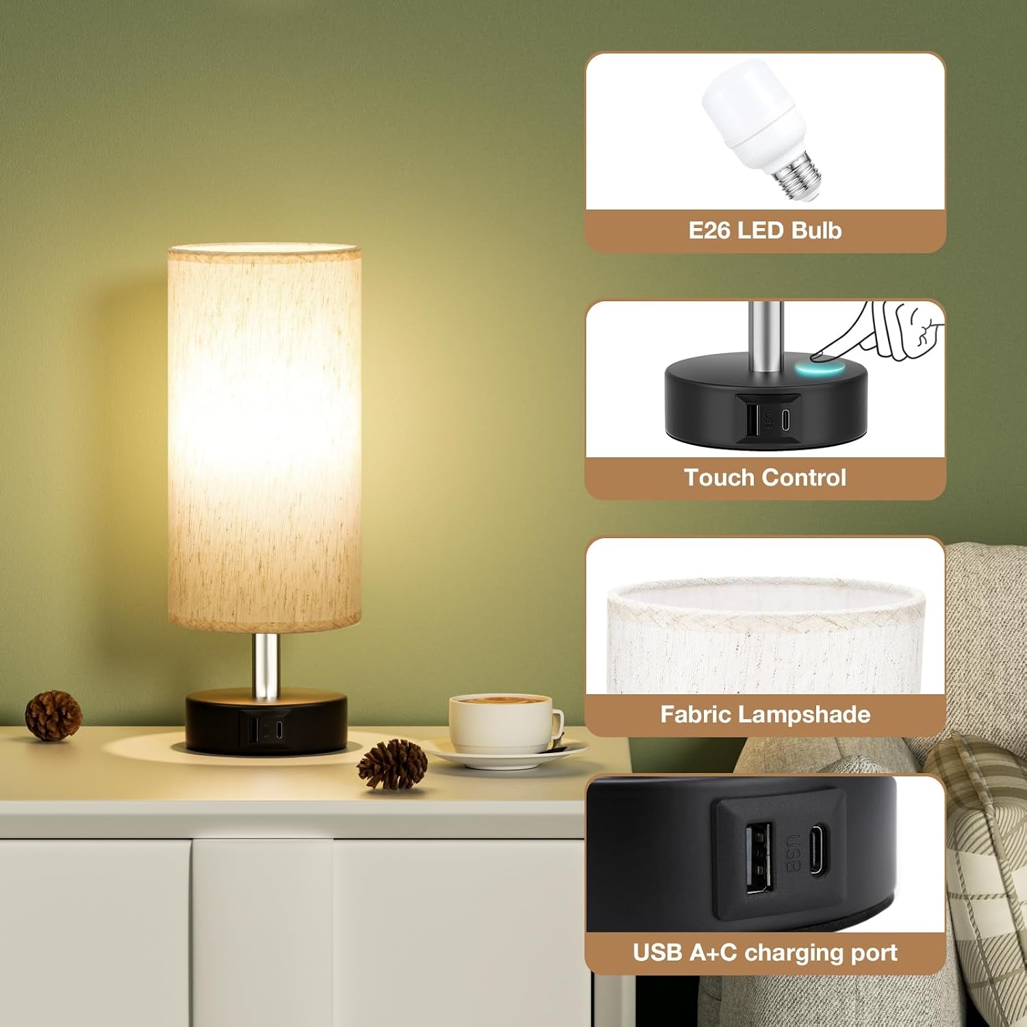 Small Table Lamps for Bedroom Set of 2 - Touch Lamps with 3 Way Dimmable