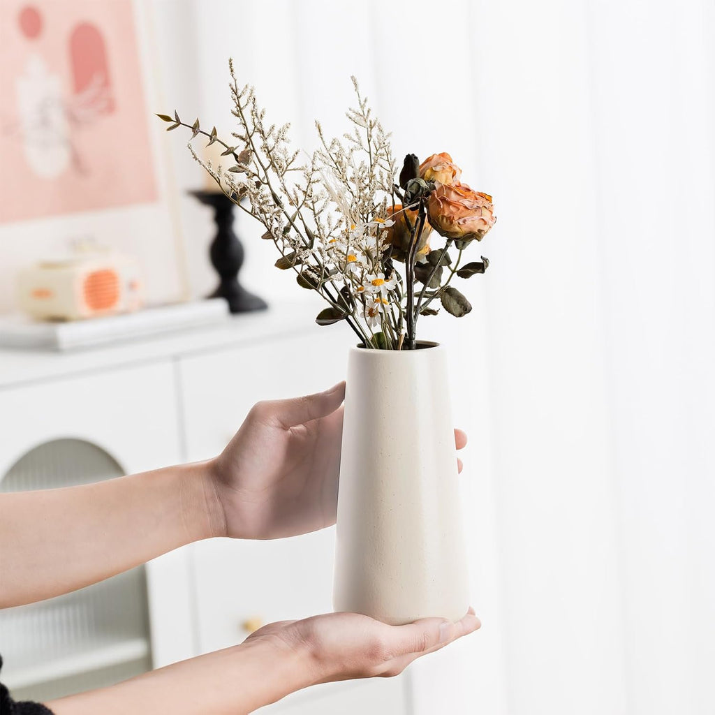 Simple Boho Ceramic Flower Vase for Home Decor (Beige,Big)