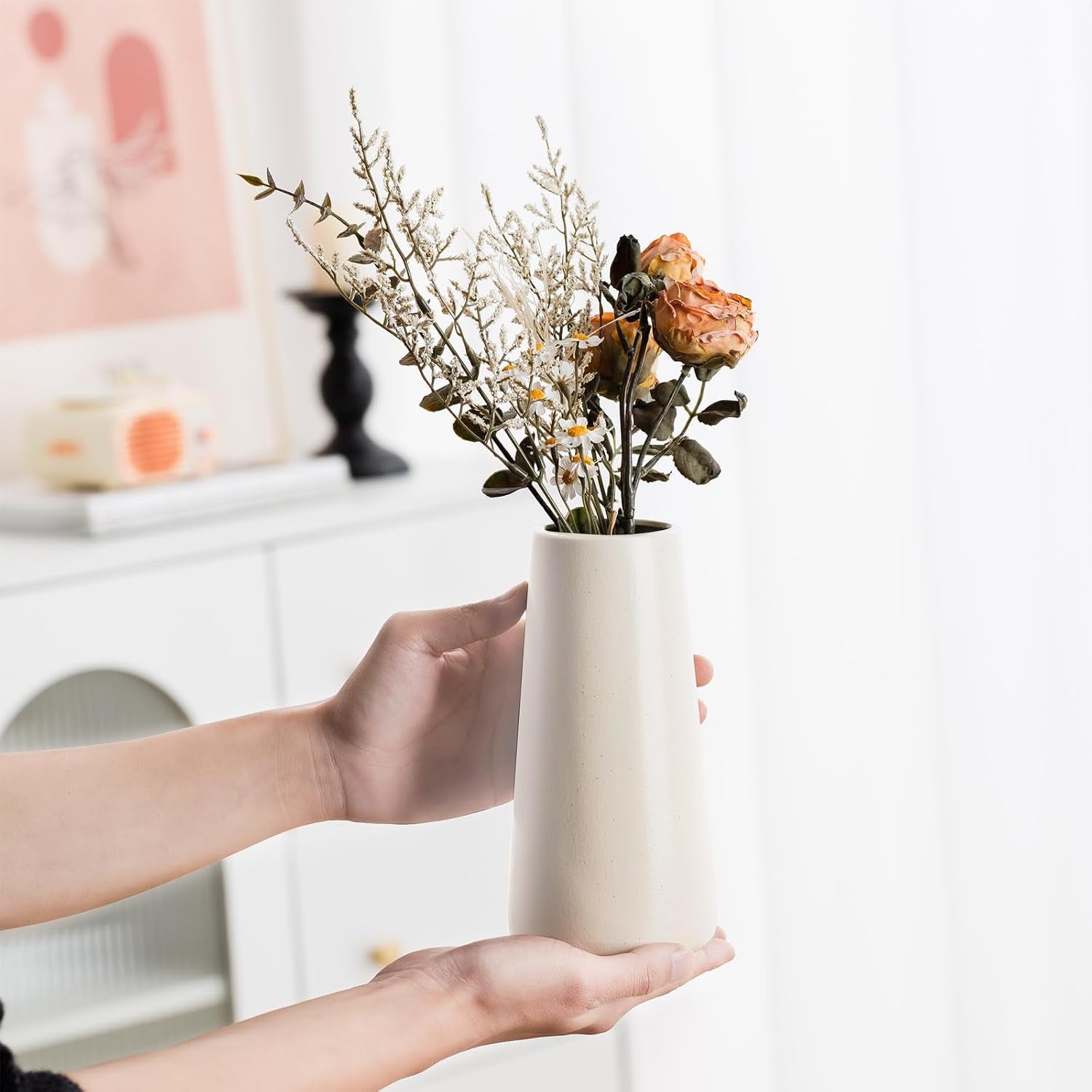 Simple Boho Ceramic Flower Vase for Home Decor (Beige,Big)
