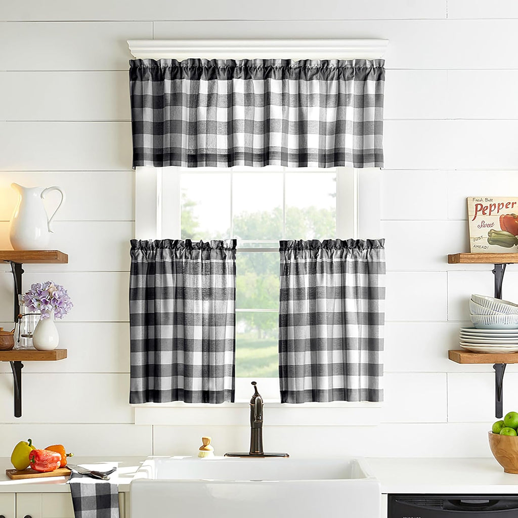 Farmhouse Living Buffalo Check Window Tier Set, Black/White - 30" W X 24" L