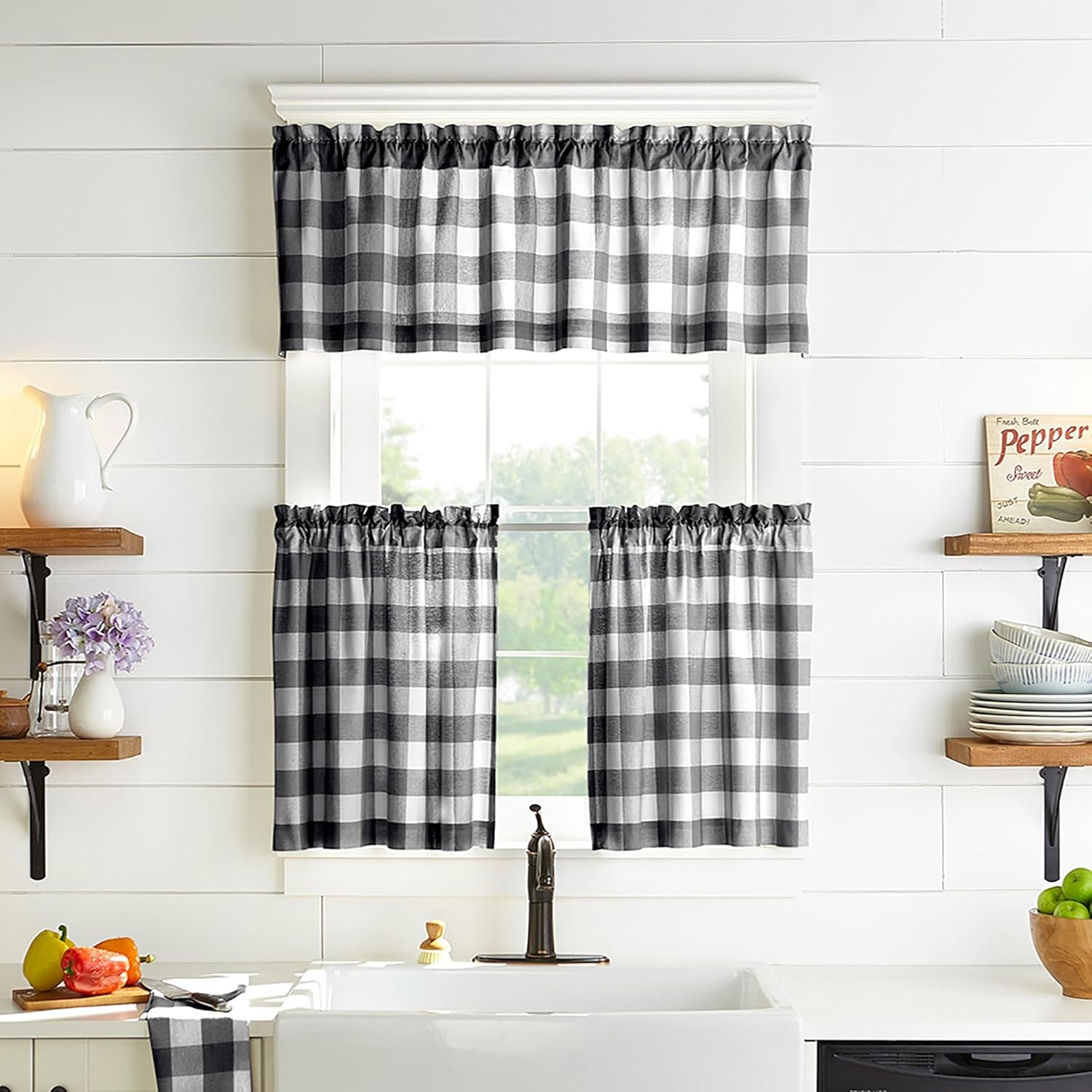 Farmhouse Living Buffalo Check Window Tier Set, Black/White - 30" W X 24" L