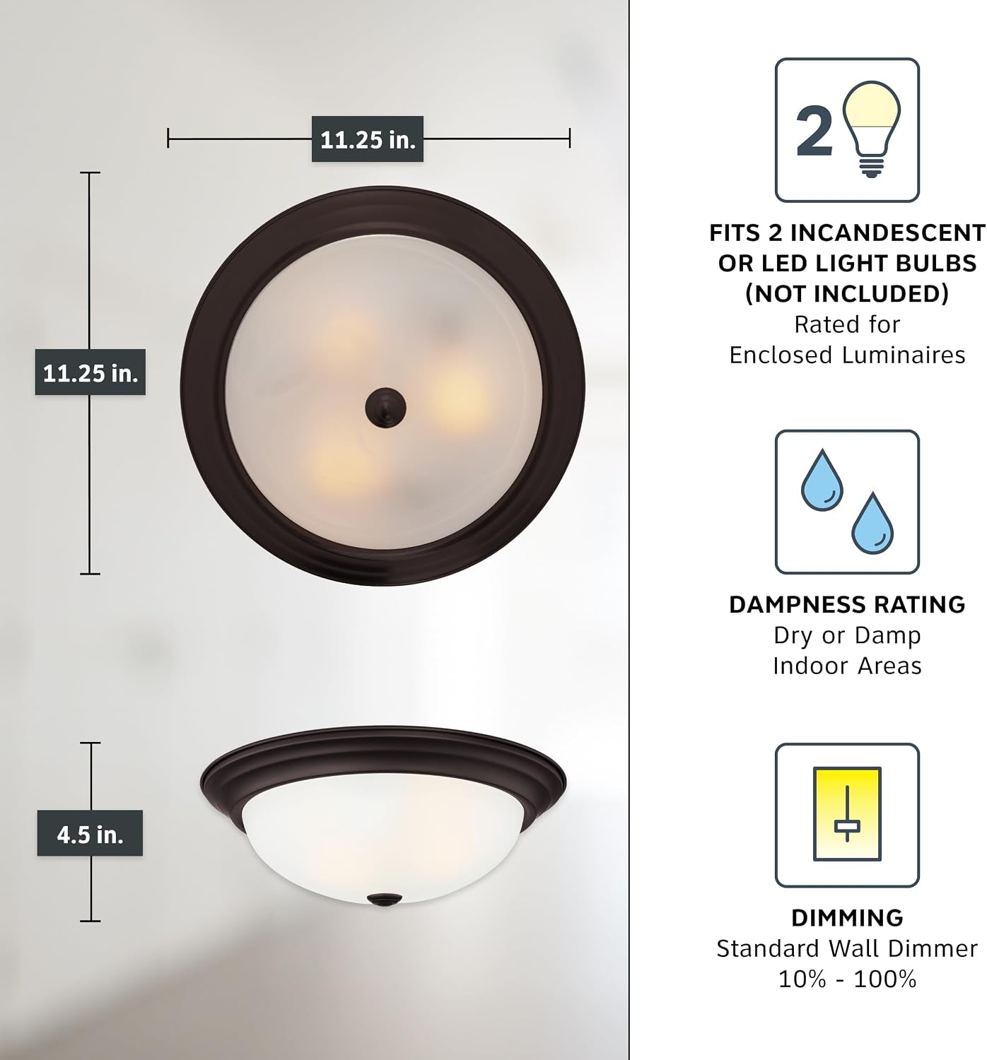 Reedley 2-Lights Flush Mount Ceiling Light, 11 Inch Lighting Fixture for Kitchen, Bedroom, Bathroom, and Hallway, Oil Rubbed Bronze with Etched Glass, 1257S-ORB-W