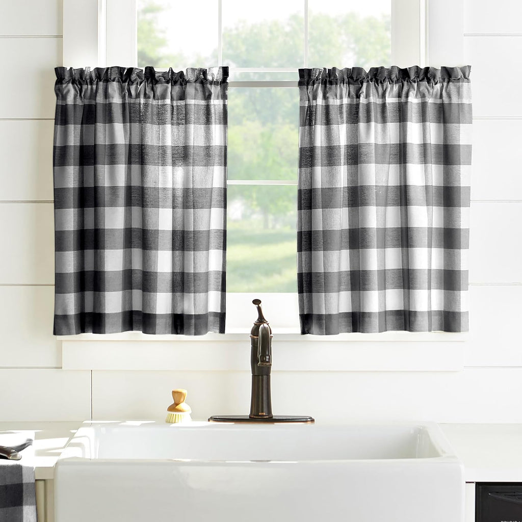 Farmhouse Living Buffalo Check Window Tier Set, Black/White - 30" W X 24" L