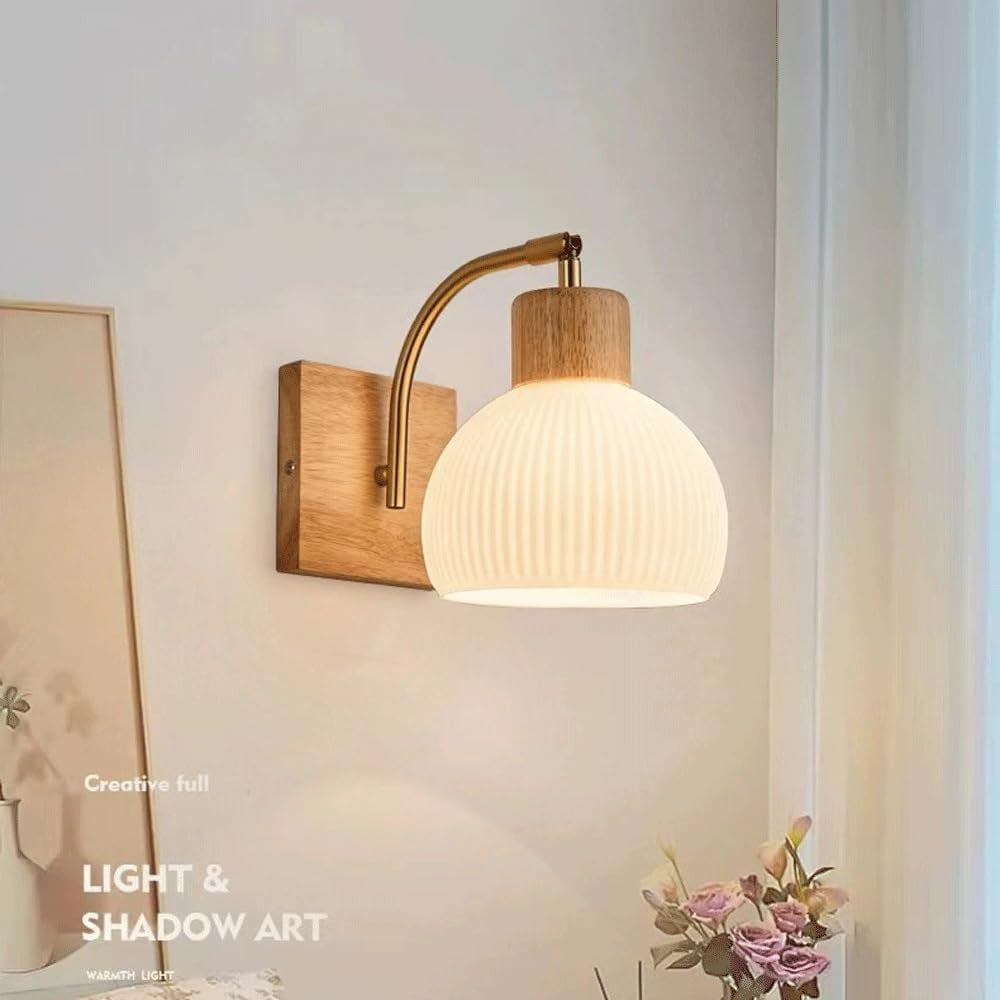 Globe Milk White Glass Wall Lamp Nordic Solid Wood Wall Sconce Adjustable Bedroom Bedside Reading Lighting, Modern Retro Half Globe Wooden Home Decor Lighting Fixture for Loft Living Room
