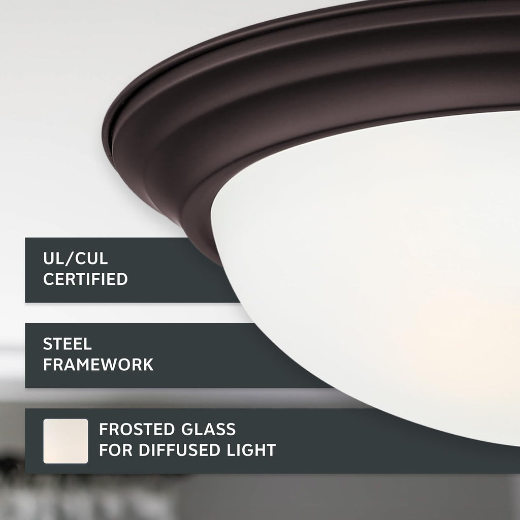 Reedley 2-Lights Flush Mount Ceiling Light, 11 Inch Lighting Fixture for Kitchen, Bedroom, Bathroom, and Hallway, Oil Rubbed Bronze with Etched Glass, 1257S-ORB-W