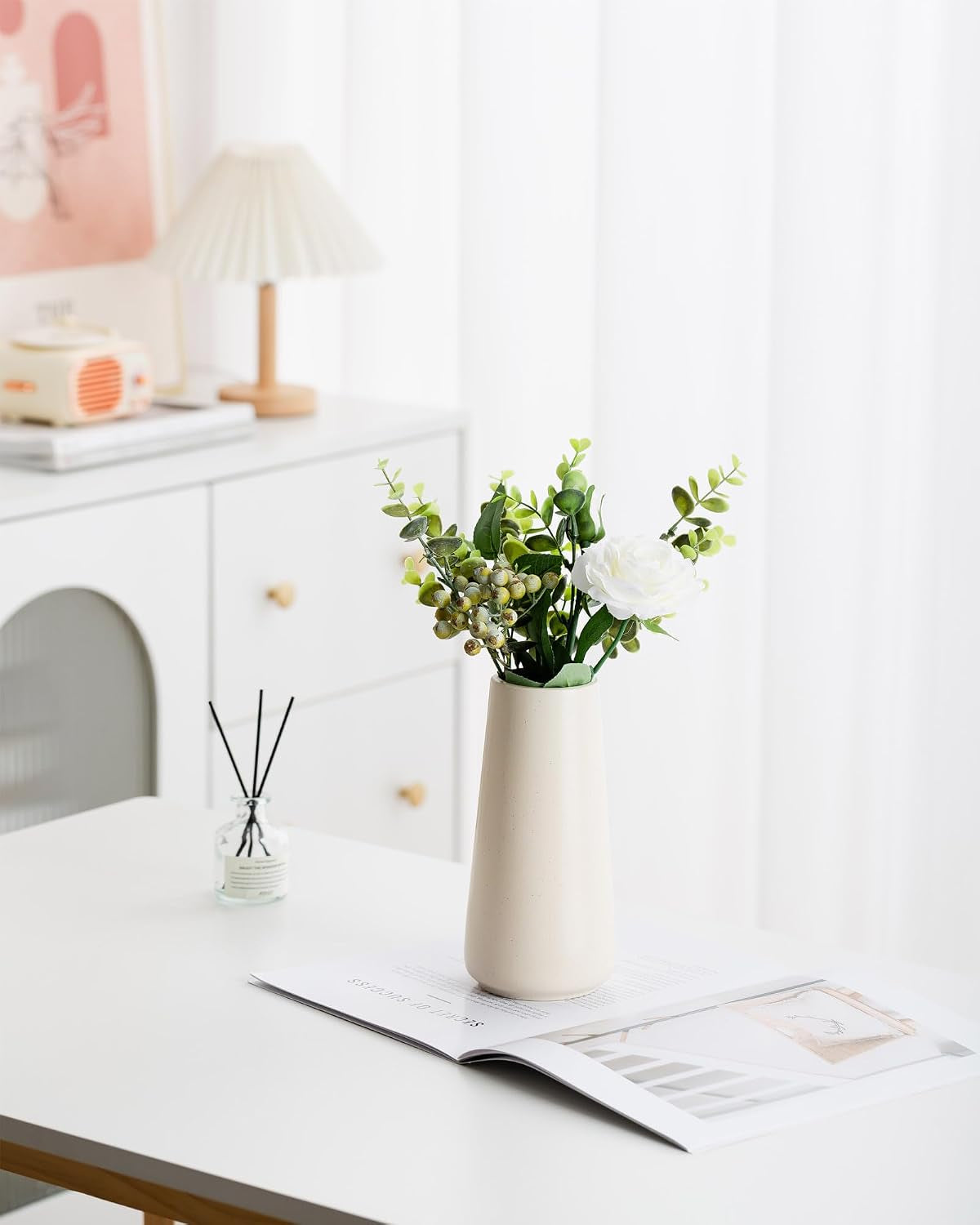 Simple Boho Ceramic Flower Vase for Home Decor (Beige,Big)