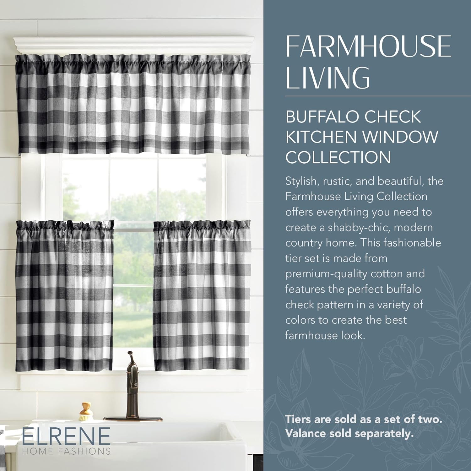 Farmhouse Living Buffalo Check Window Tier Set, Black/White - 30" W X 24" L