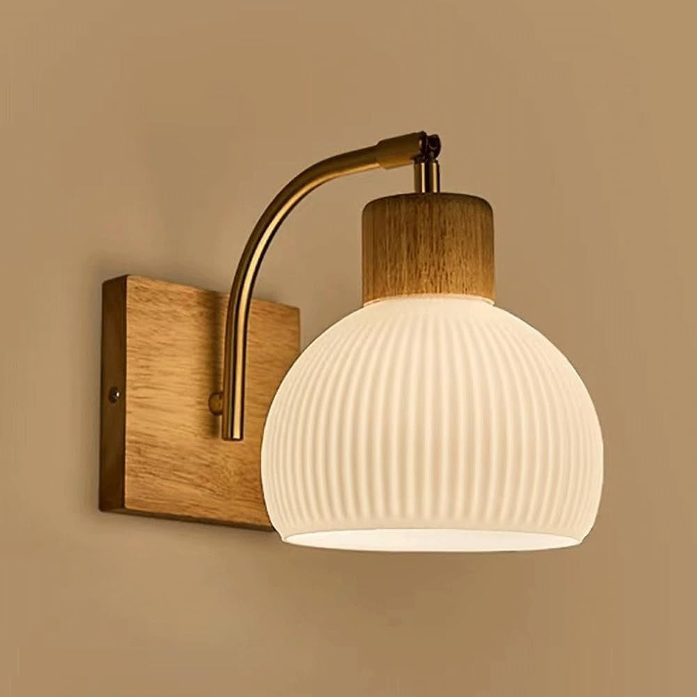 Globe Milk White Glass Wall Lamp Nordic Solid Wood Wall Sconce Adjustable Bedroom Bedside Reading Lighting, Modern Retro Half Globe Wooden Home Decor Lighting Fixture for Loft Living Room