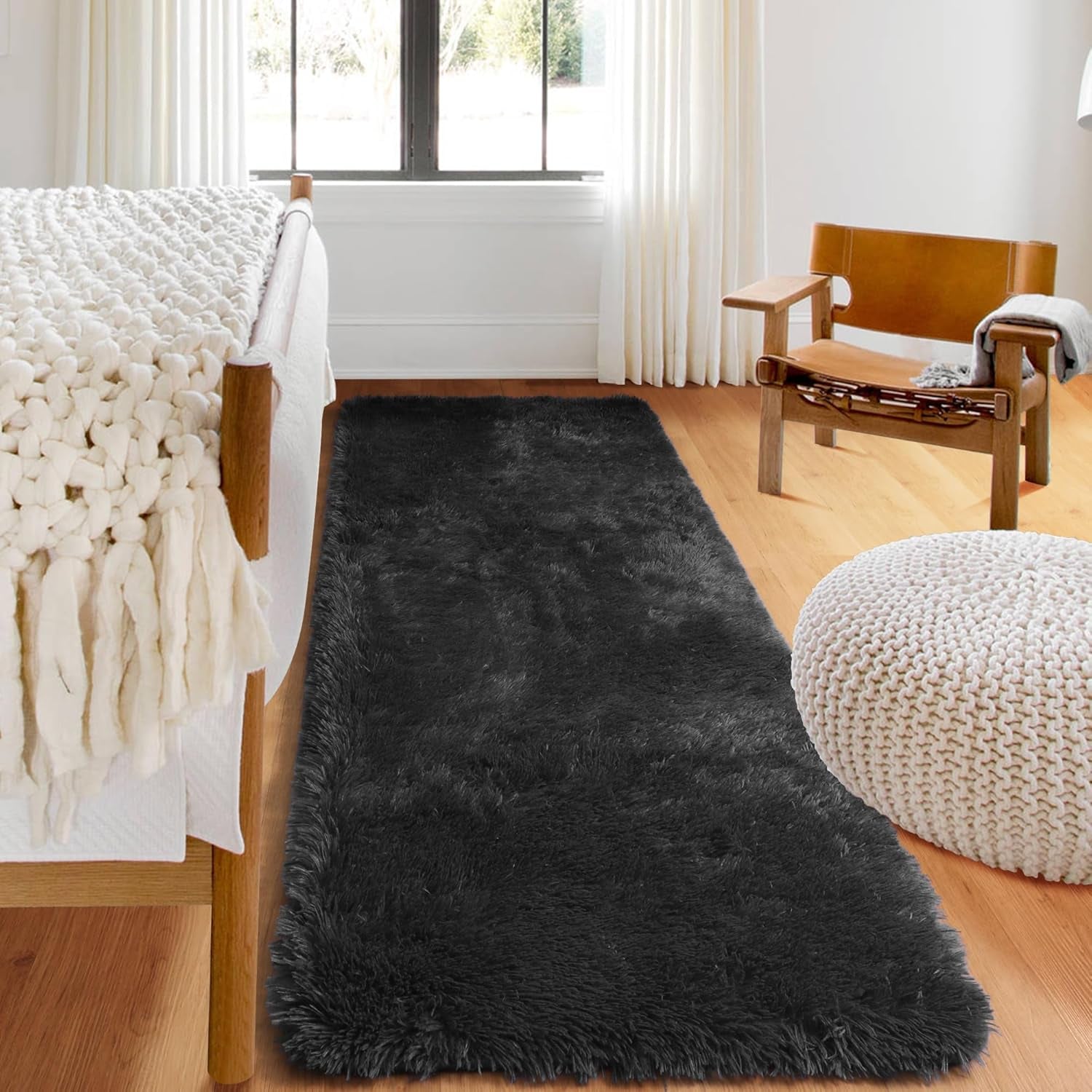 Black Runner Rugs for Bedroom Hallway, Fluffy 2X6 Bedside Soft Area Rug