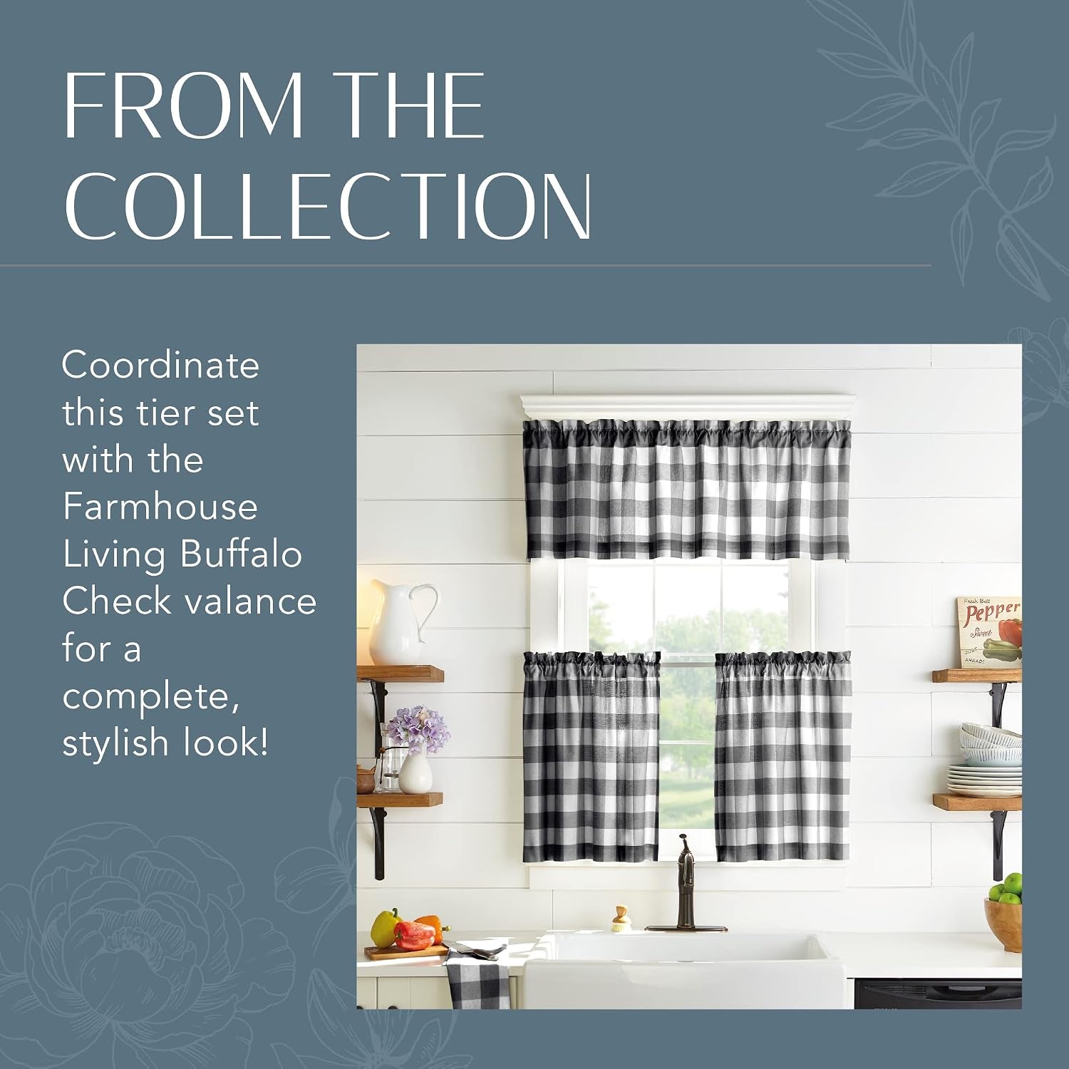 Farmhouse Living Buffalo Check Window Tier Set, Black/White - 30" W X 24" L