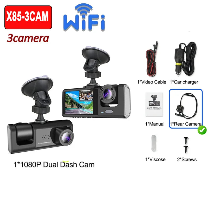 3-Channel Dash Cam, 1080p Front, Interior and Rear