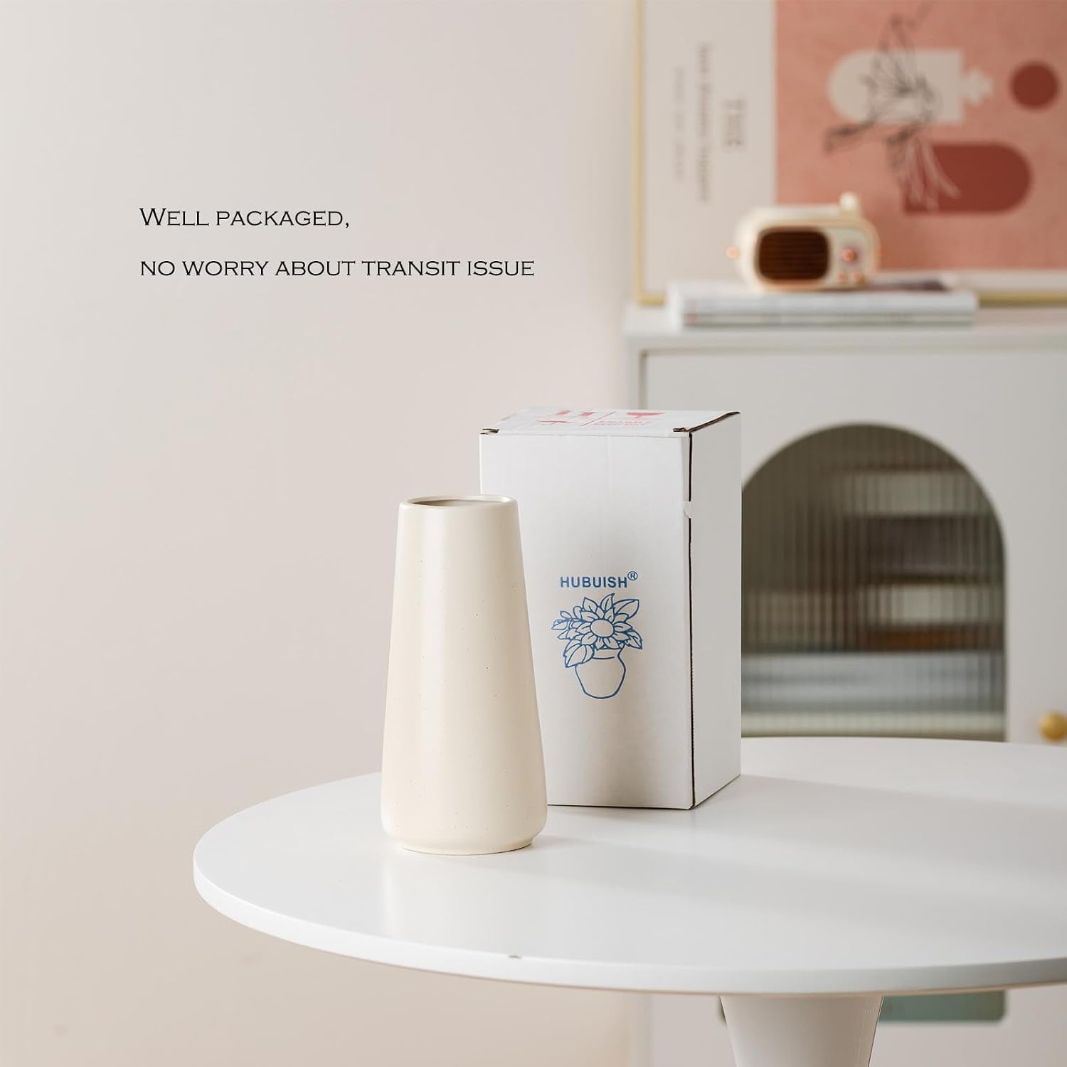 Simple Boho Ceramic Flower Vase for Home Decor (Beige,Big)