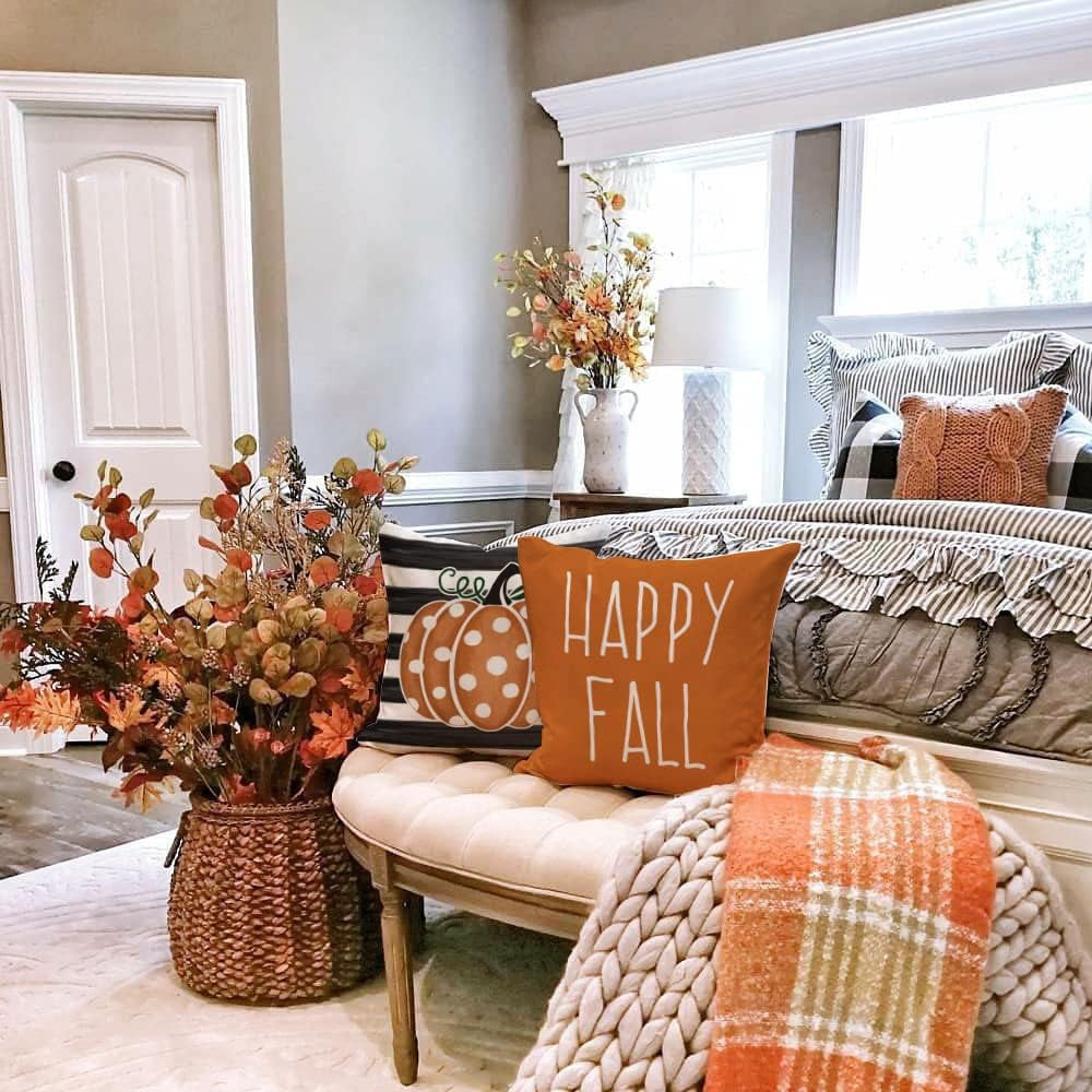 Fall Decor Pillow Covers 16X16 Set of 4 Polka Dots Pumpkin Maple Leaf Happy Fall Outdoor Stripes Decorative Throw Pillows Farmhouse Orange Thanksgiving Cushion Case for Couch Sofa