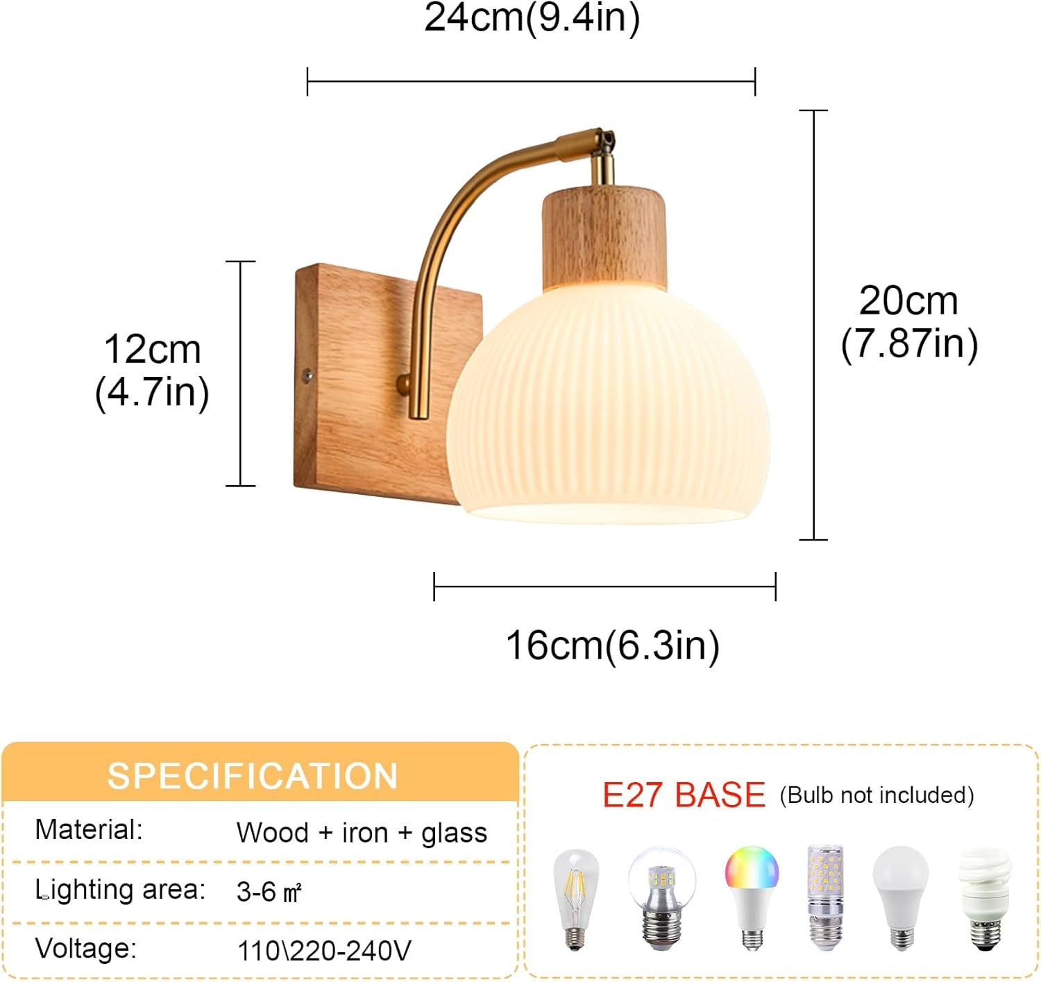 Globe Milk White Glass Wall Lamp Nordic Solid Wood Wall Sconce Adjustable Bedroom Bedside Reading Lighting, Modern Retro Half Globe Wooden Home Decor Lighting Fixture for Loft Living Room
