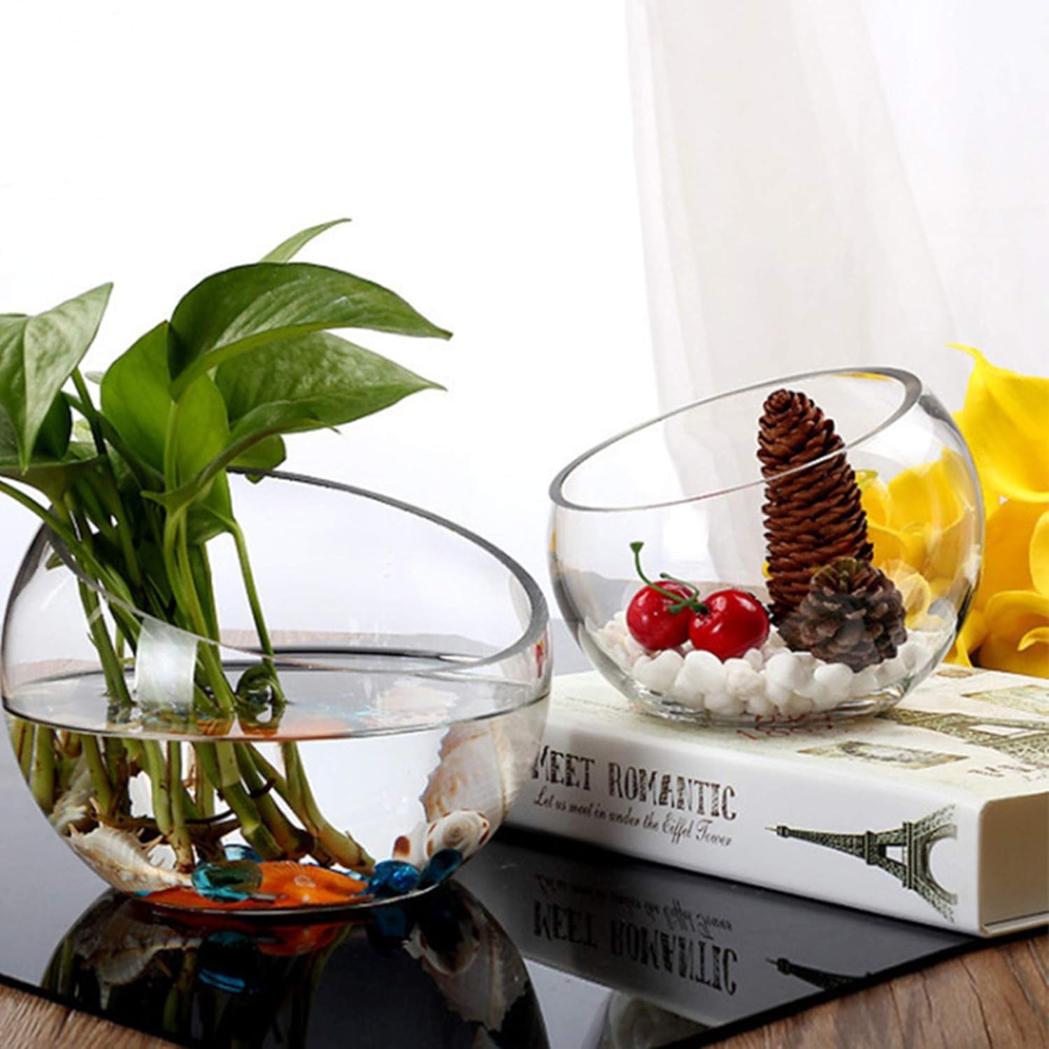 Clear Slant Cut Bowl Glass Vase, Glass Terrarium, Candy Dish, Glassware, Slant Cut, 7" Width, 6" Height (1 Piece)
