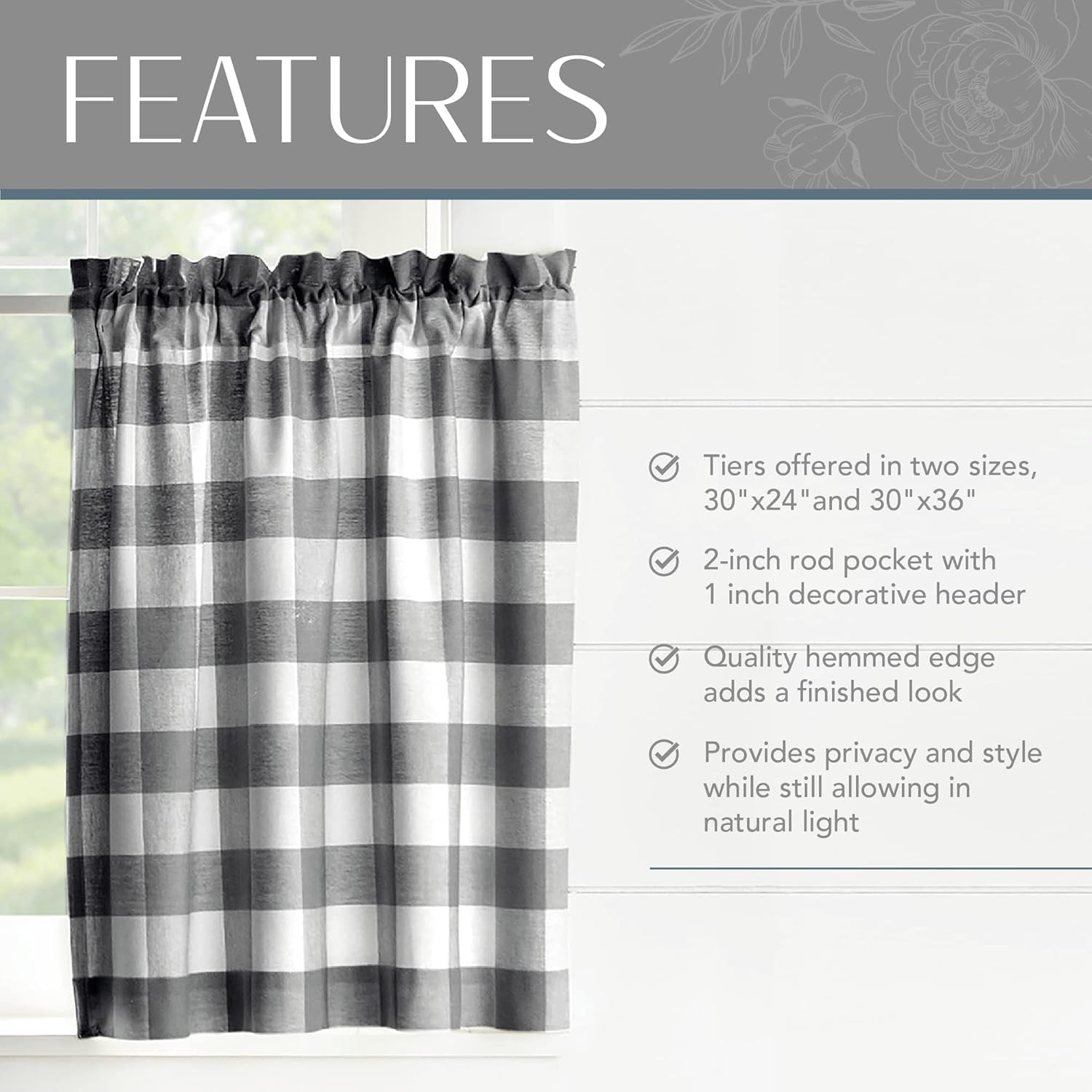 Farmhouse Living Buffalo Check Window Tier Set, Black/White - 30" W X 24" L