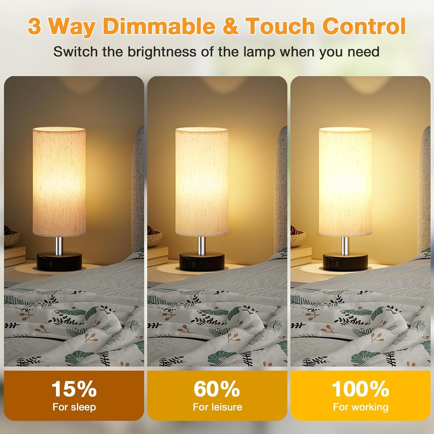 Small Table Lamps for Bedroom Set of 2 - Touch Lamps with 3 Way Dimmable