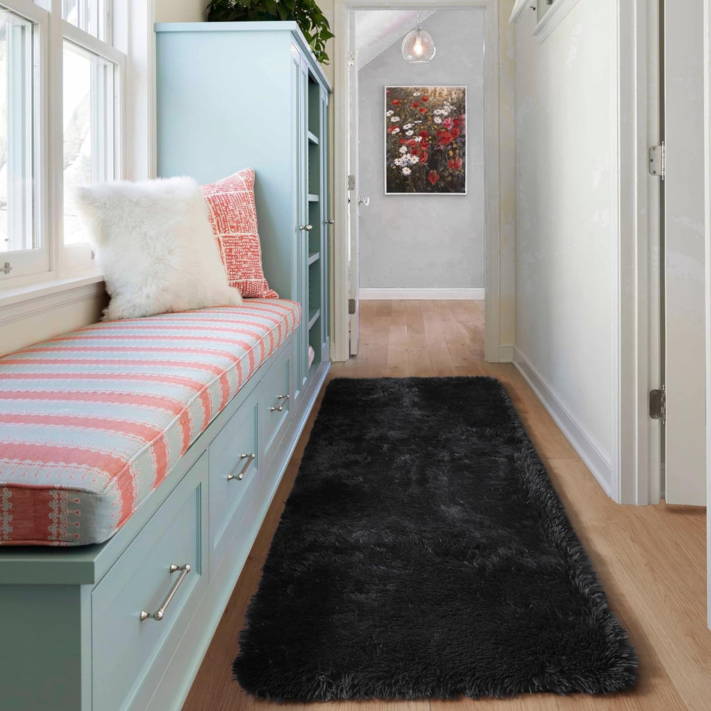 Black Runner Rugs for Bedroom Hallway, Fluffy 2X6 Bedside Soft Area Rug