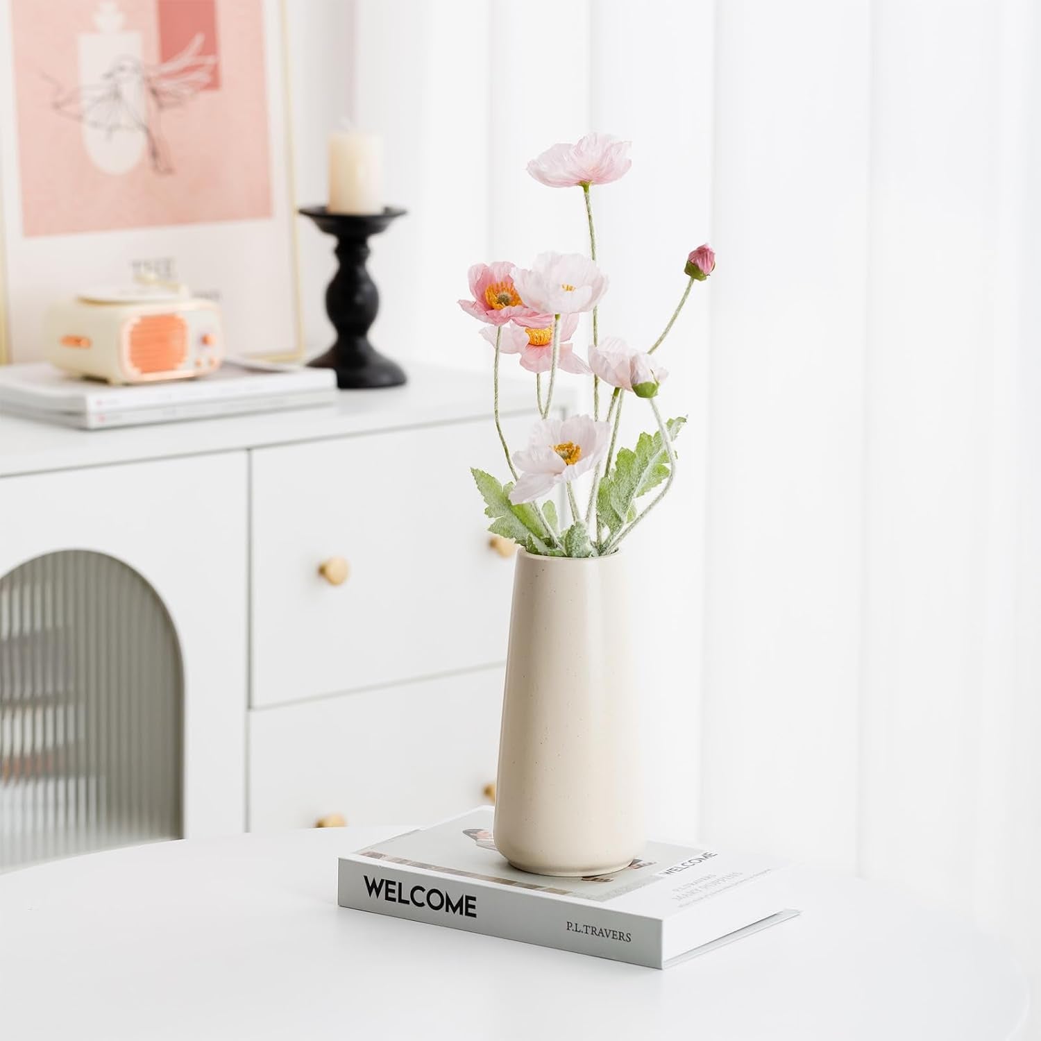 Simple Boho Ceramic Flower Vase for Home Decor (Beige,Big)