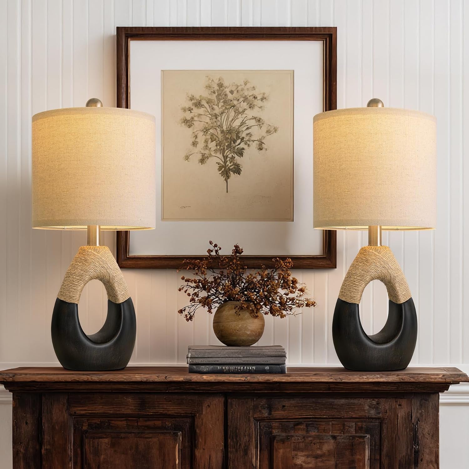 19" Table Lamps Set of 2, Bedside Lamps for Bedroom, Boho Lamps for Living Room, Rustic Lamps for Office, Vintage Design Nightstand Lighting (Bulb Not Included, Black)