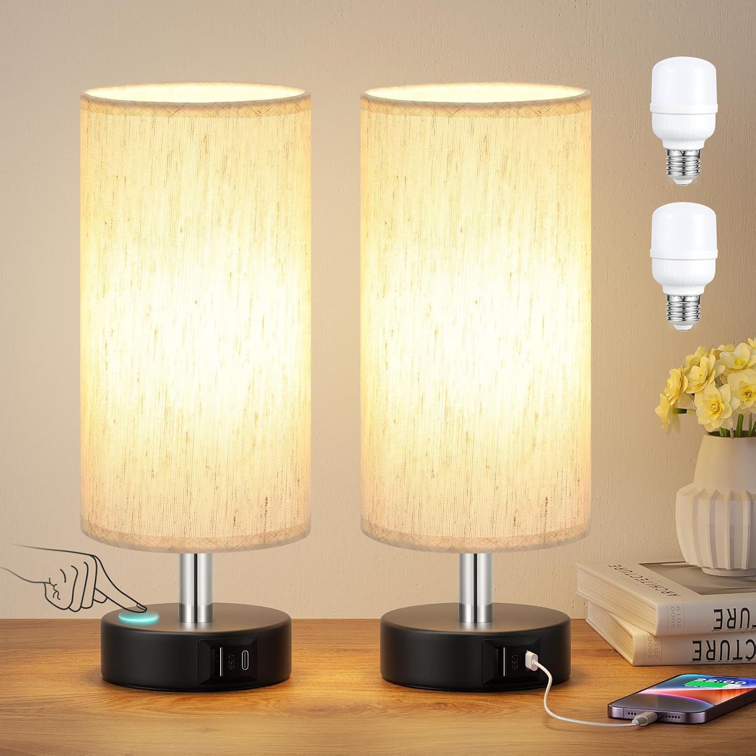 Small Table Lamps for Bedroom Set of 2 - Touch Lamps with 3 Way Dimmable