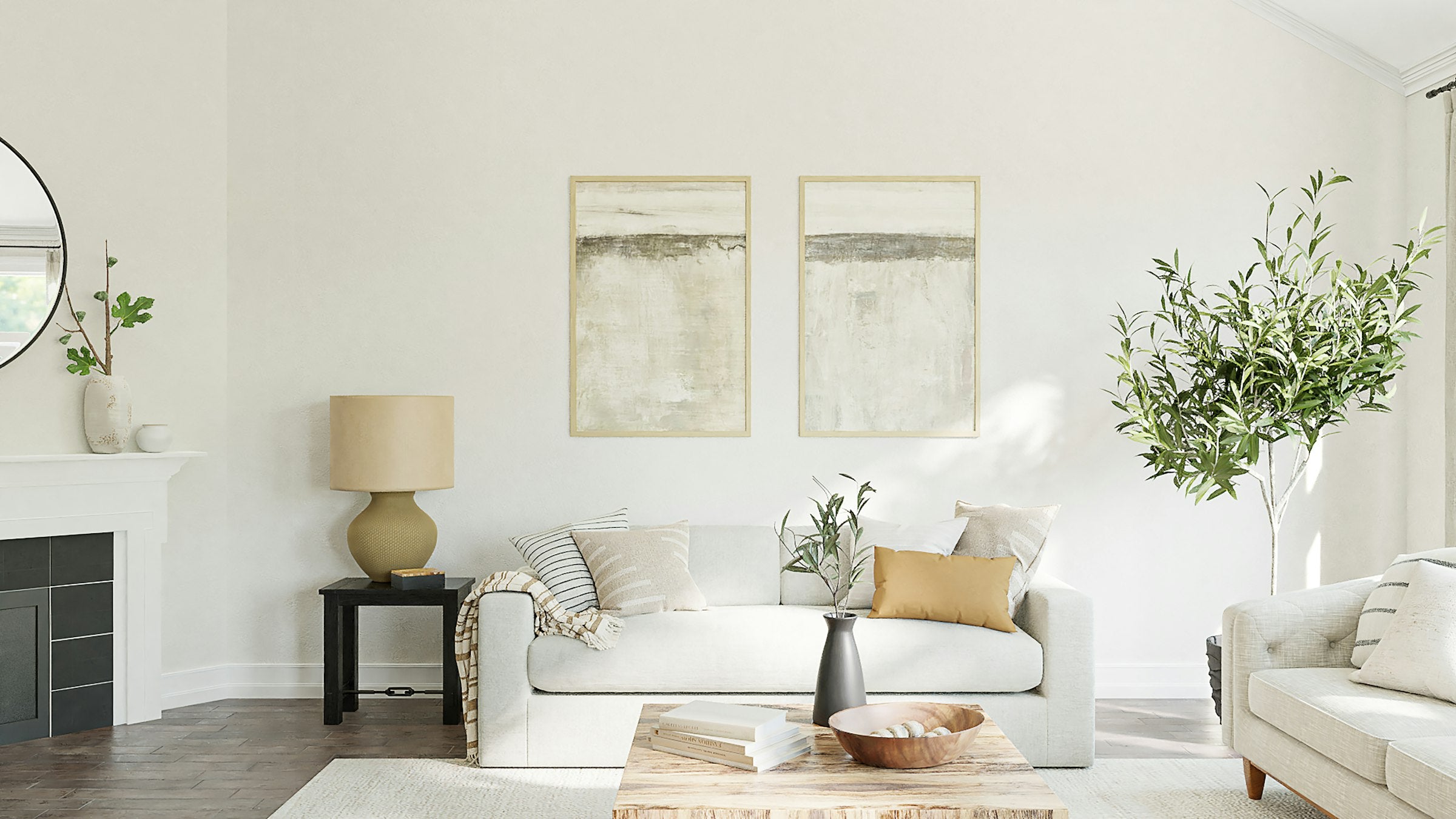 A living room arranged around a fireplace